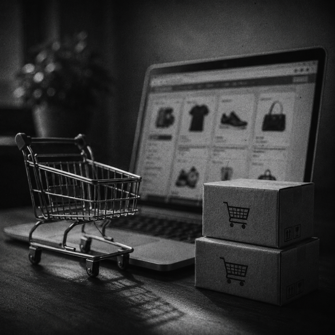 Online shopping scene with cart and packages representing e-commerce services