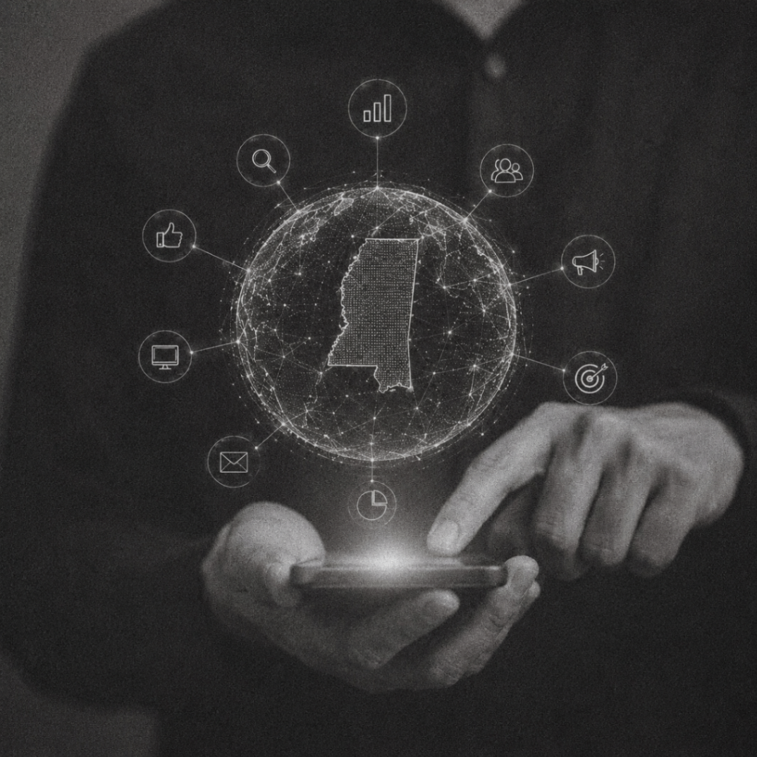 Digital marketing concept with Mississippi map and connected media channels