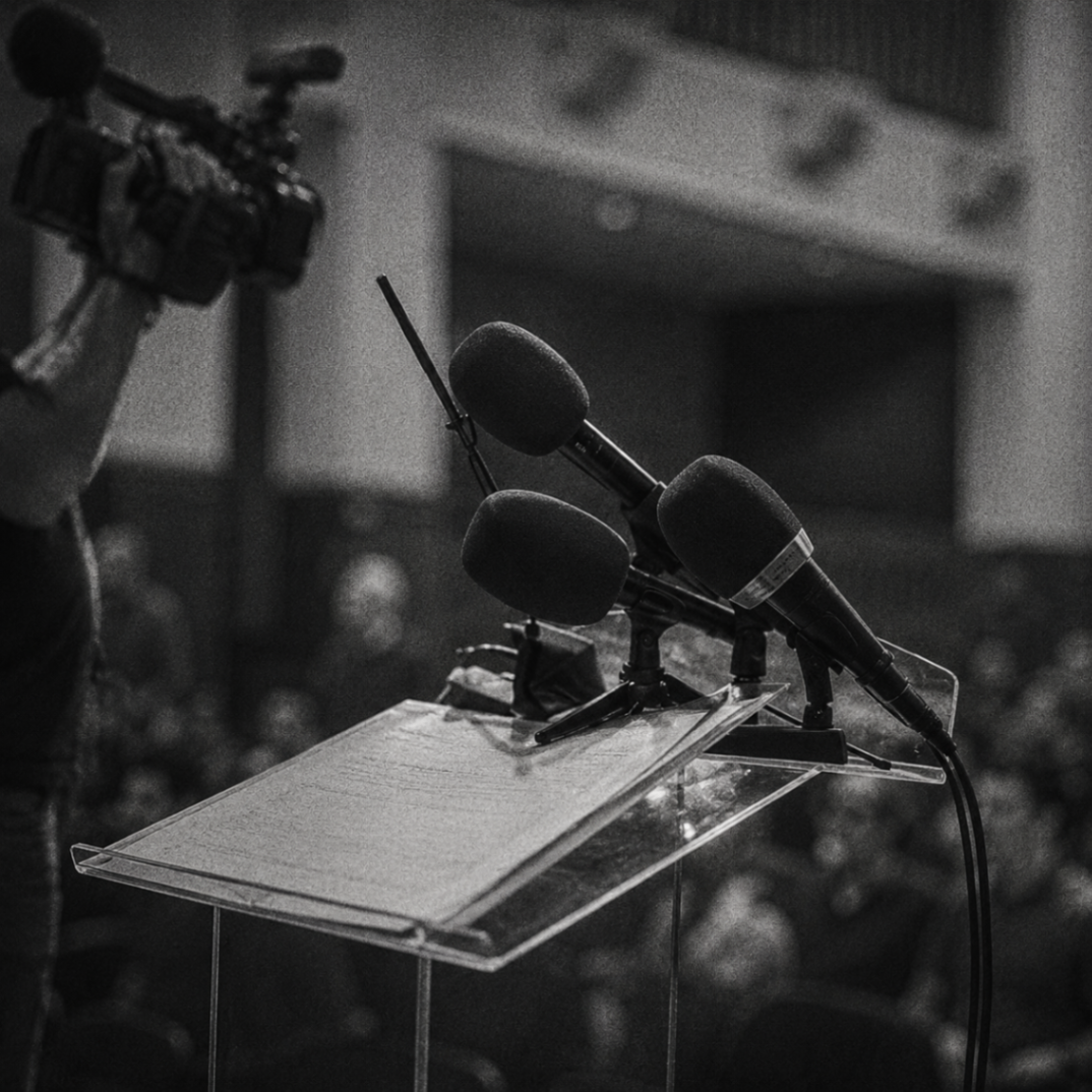 Press conference podium with microphones for press release distribution services