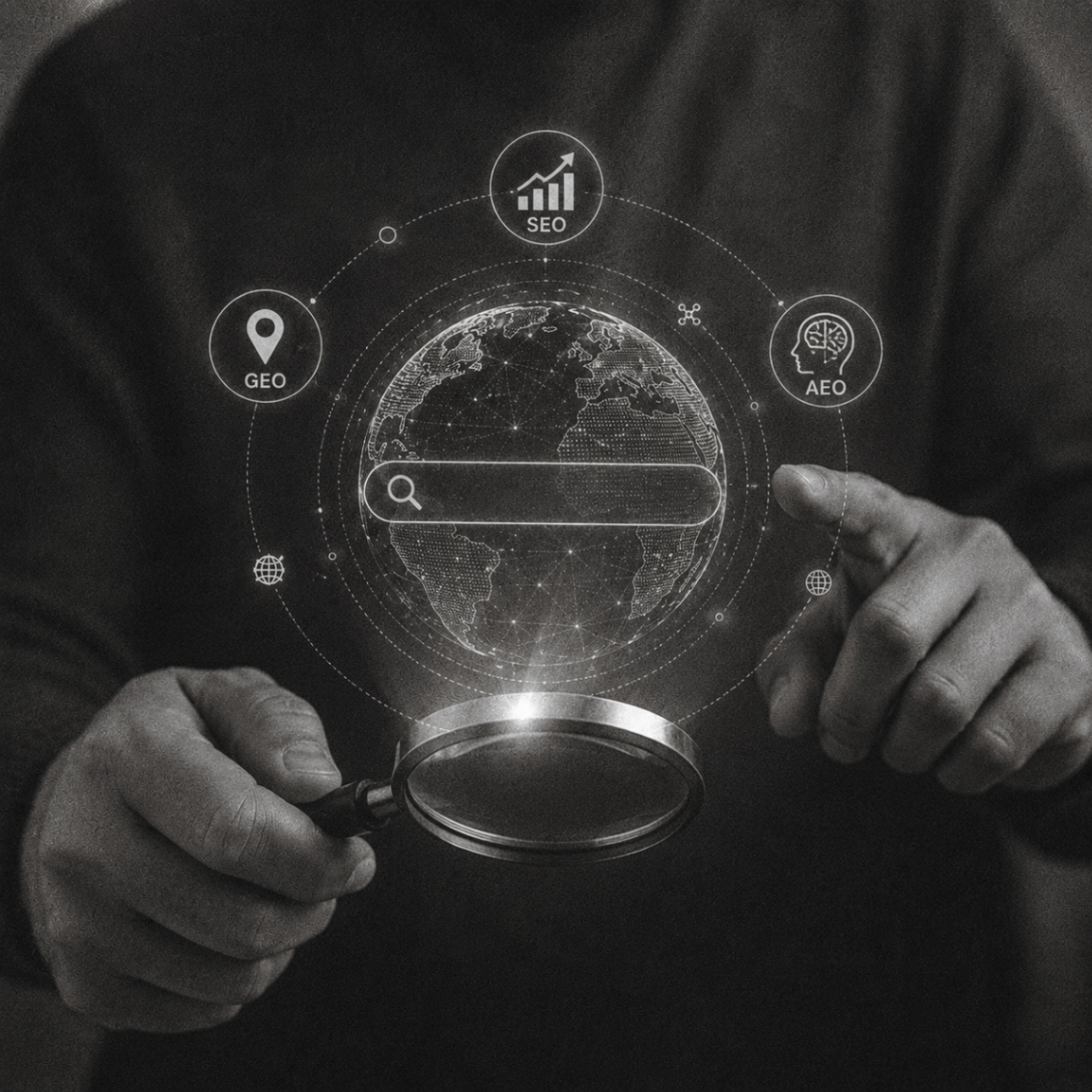 Search marketing concept showing SEO, GEO, and AEO around a global search interface