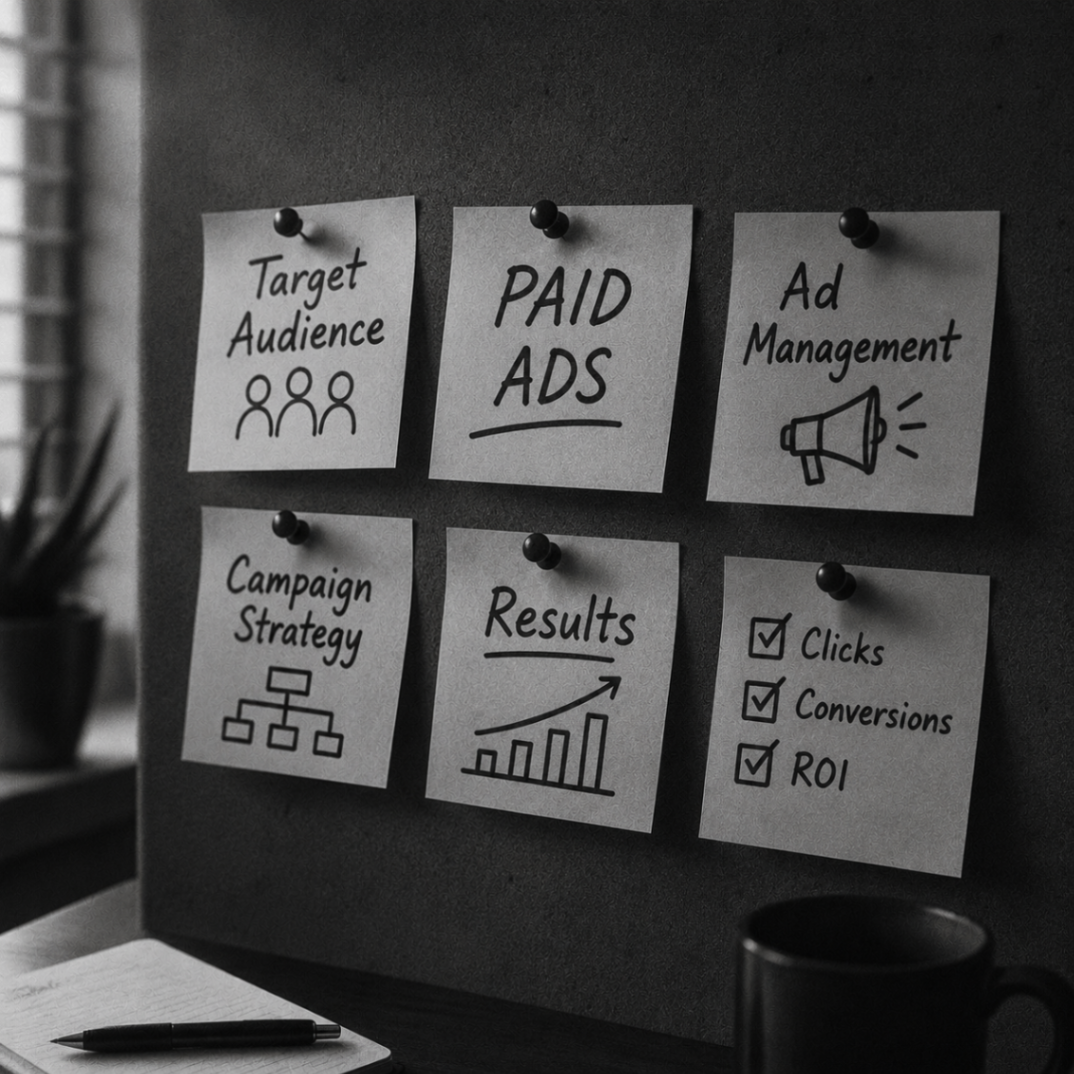 Sticky notes outlining paid ad management strategy, targeting, results, clicks, conversions, and ROI