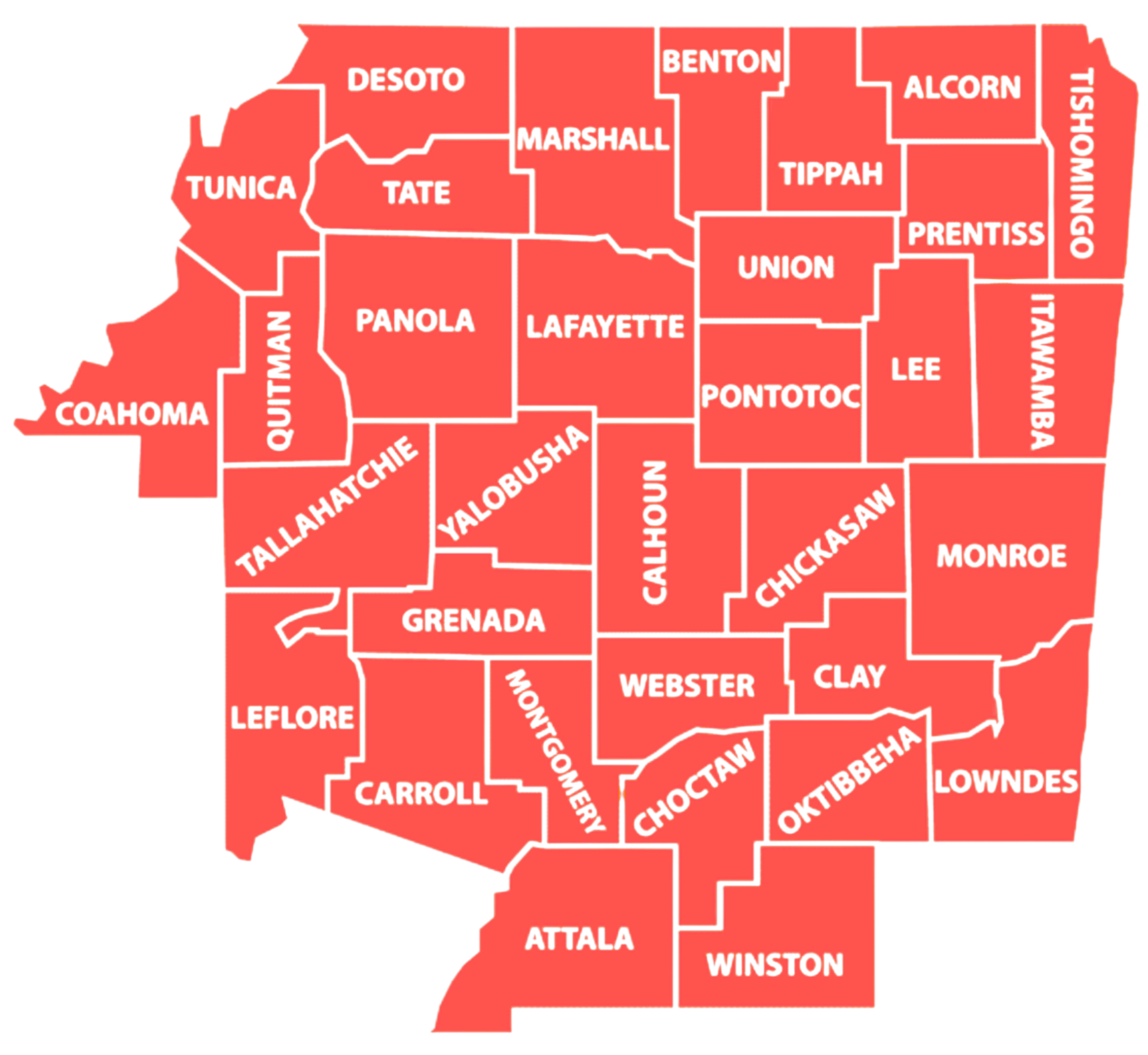North Mississippi counties map