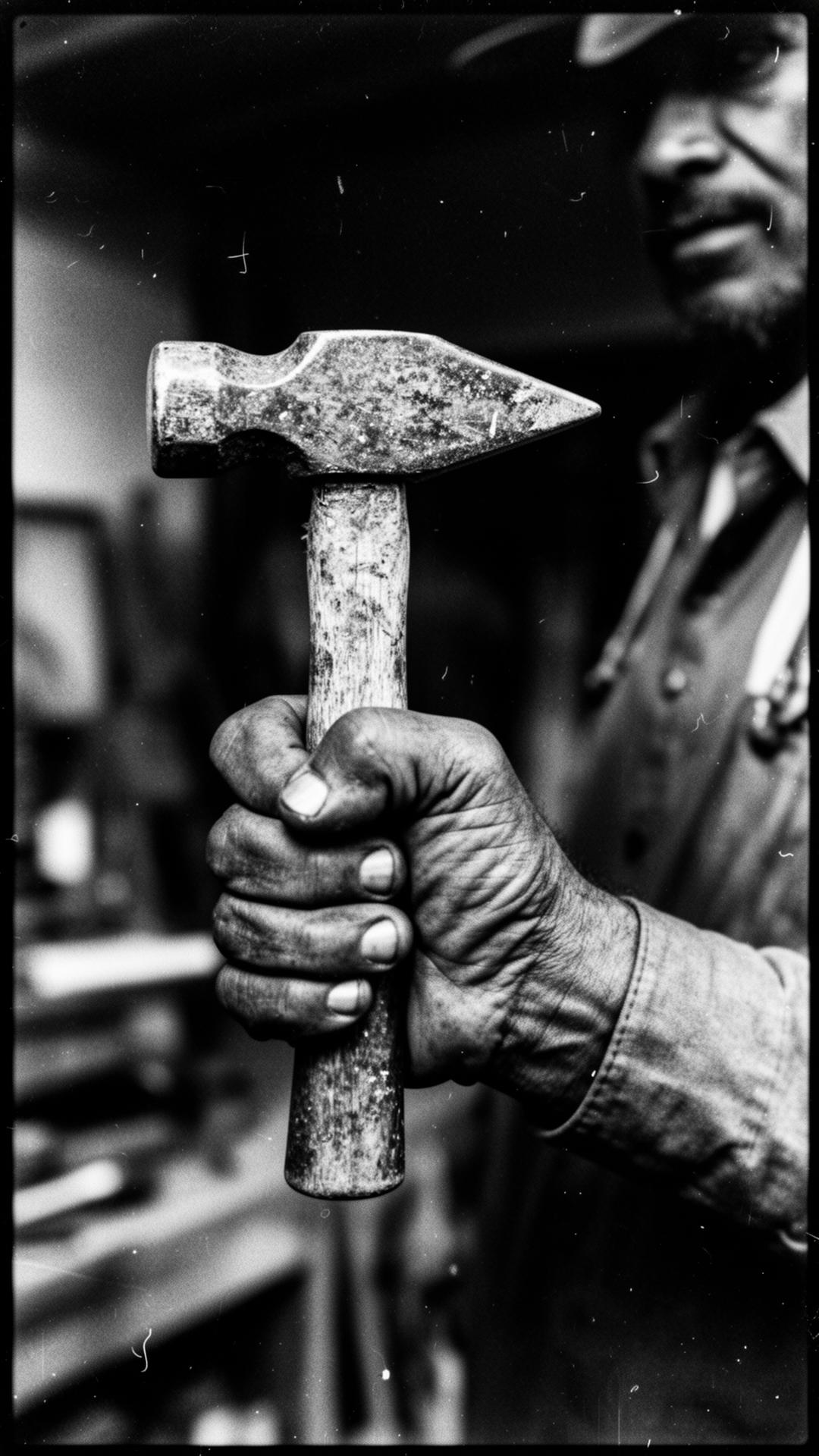 Tradesman's hand gripping a worn hammer, 35mm film